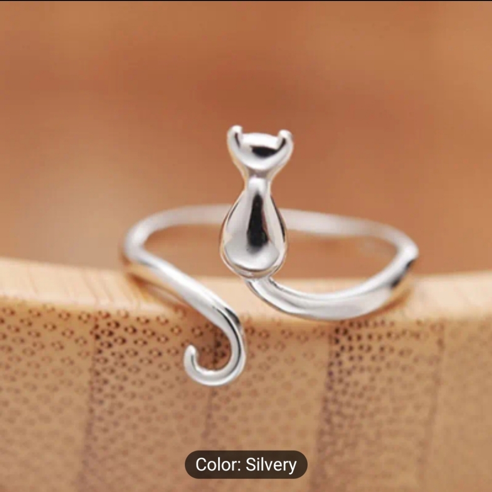 Silver Cat-Themed Adjustable Ring